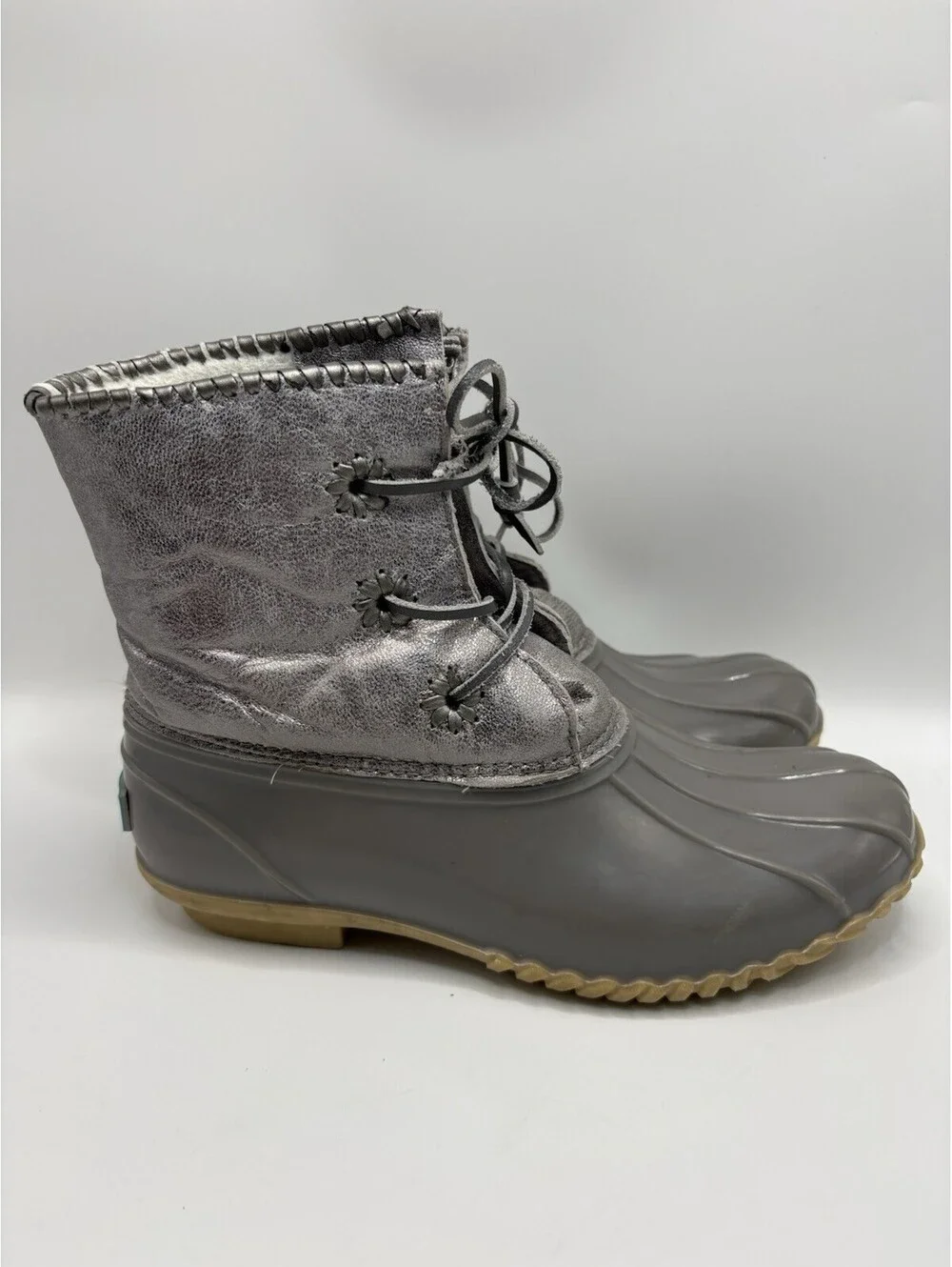 Jack Rogers Womens Hayley Duck Boot Size 8M Gray Silver Lace-Up Rubber Leather